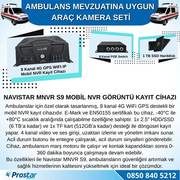 Ambulans Mevzuatına Uygun 2 Kameralı 8 Kanal Mobil NVR 1 TB 7 inç Monitörlü Tak Kullan Set - 2