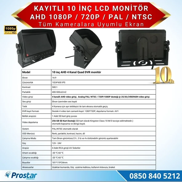 10 inç Dörde Bölünebilir Kayıtlı 256 Gb Destekli Monitör Tüm Araçlara Uyumlu - 2