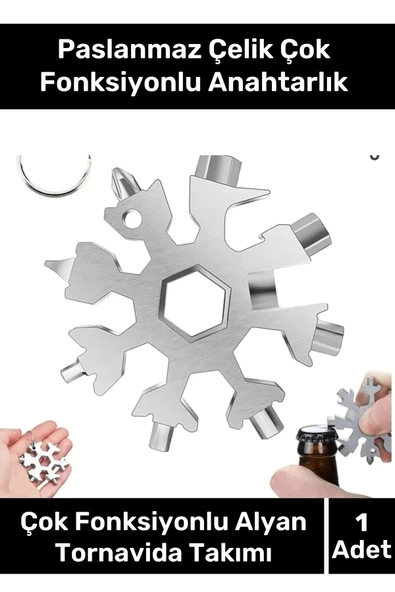 Paslanmaz Çelik Çok Fonksiyonlu Alyan Tornavida Takımı Kar Tanesi Anahtarlık Konserve Açıcı