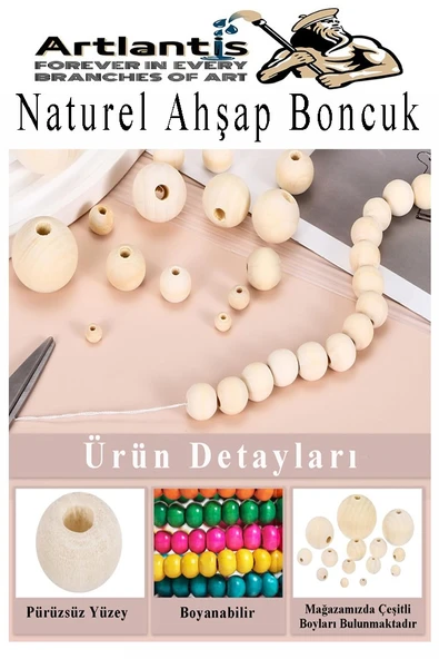 Naturel Ahşap Boncuk 8mm 50 li 1 Paket Ham Boyanabilir Ahşap Yuvarlak Doğal Boncuklar Takı Tasarım Ektinlik Kreş Okul - 2