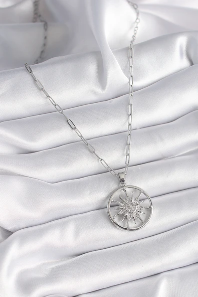 316L Çelik Gümüş Renk Zirkon Taşlı Güneş Madalyon Model Kadın Kolye - TJ-BKO9529 - 2