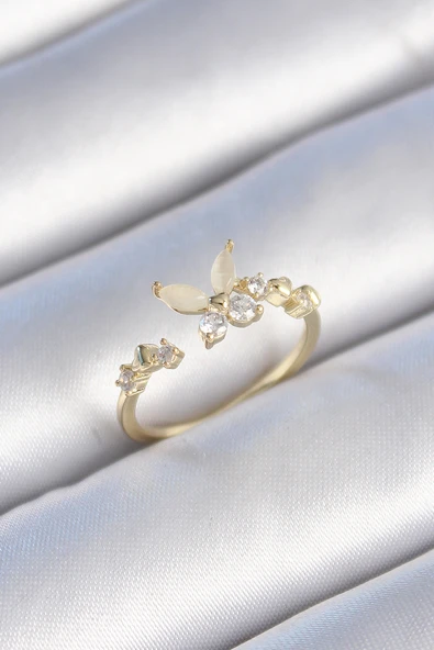 Pirinç Gold Renk Zirkon Taş Detaylı Beyaz Mineli Kelebek Model Kadın Yüzük - TJ-BYK3432 ürün görseli 1