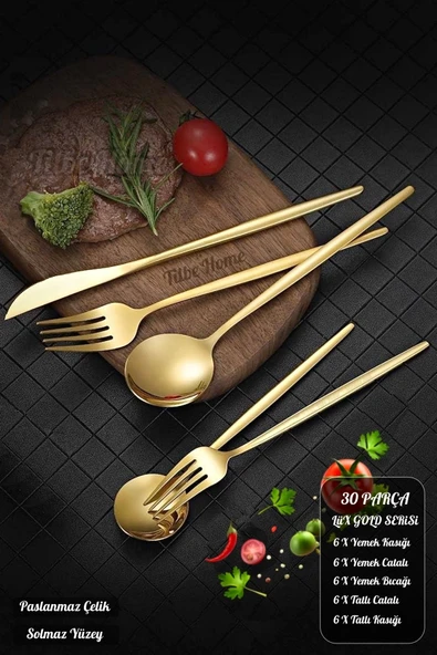 Tilbe Home Lüx 30 Parça Gold Çatal Kaşık Bıçak Seti Paslanmaz Çelik Servis Çeyiz Takımı Parlak Pürüzsüz Çelik