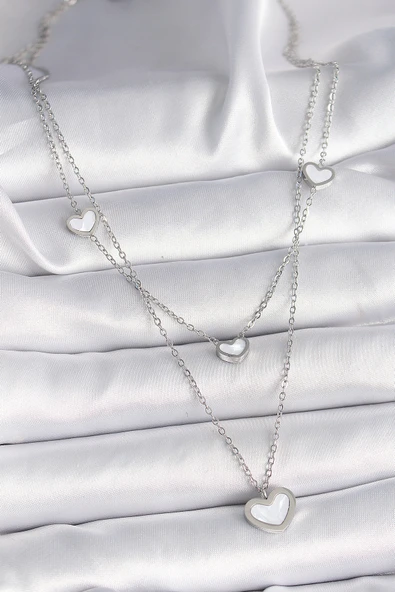 316L Çelik Gümüş Renk Zincir 2'Li Zincir Kalp Model Kadın Kolye - TJ-BKO9573 ürün görseli 1
