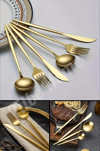 Tilbe Home Lüx 30 Parça Gold Çatal Kaşık Bıçak Seti Paslanmaz Çelik Servis Çeyiz Takımı Parlak Pürüzsüz Çelik - 4