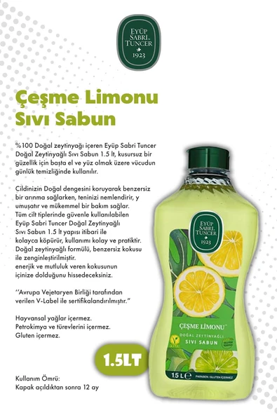 Eyüp Sabri Tuncer Doğal Zeytinyağlı Sıvı Sabun Çeşme Limonu Sıvı Sabun 1500 ml - Resim 2