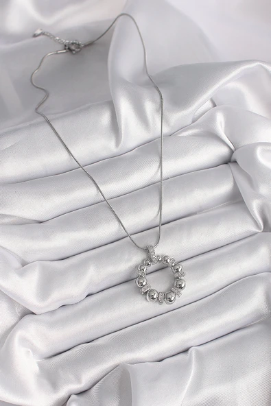 316L Çelik Gümüş Renk Zincir Zirkon Taş Detaylı Bombeli Halka Model Kadın Kolye - TJ-BKO9604 - 2