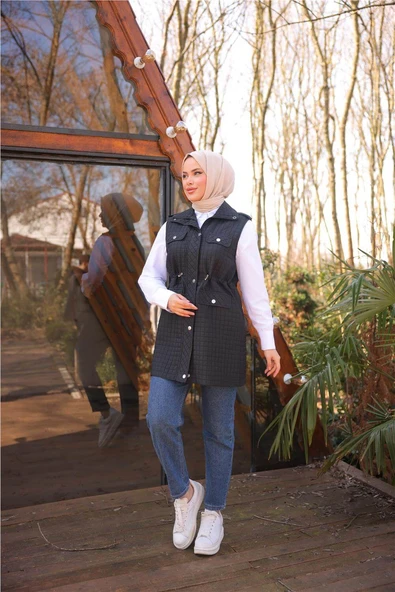 Belden Lastikli Çıtçıtlı Dört Cepli Kapitone Yelek - (38-46) - 71256 - Siyah - 5