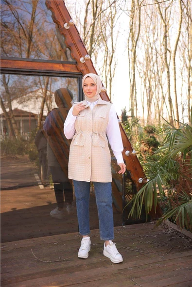 Belden Lastikli Çıtçıtlı Dört Cepli Kapitone Yelek - 71256.026 - Bej - 2