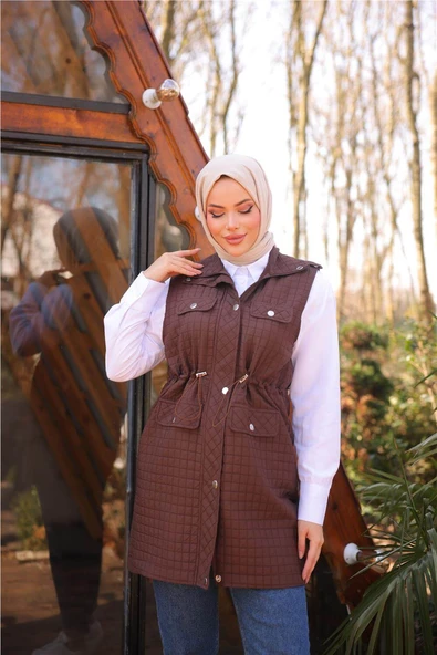 Belden Lastikli Çıtçıtlı Dört Cepli Kapitone Yelek - 71256.028 - Kahverengi
