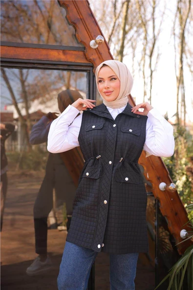 Belden Lastikli Çıtçıtlı Dört Cepli Kapitone Yelek - (38-46) - 71256 - Siyah - 2