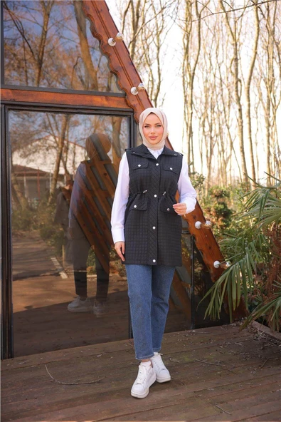 Belden Lastikli Çıtçıtlı Dört Cepli Kapitone Yelek - (38-46) - 71256 - Siyah - 3