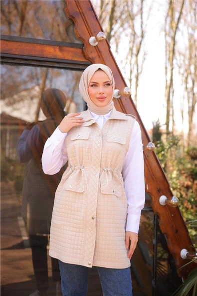 Belden Lastikli Çıtçıtlı Dört Cepli Kapitone Yelek - 71256.026 - Bej