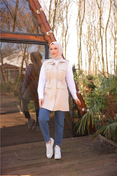 Belden Lastikli Çıtçıtlı Dört Cepli Kapitone Yelek - 71256.026 - Bej - 4