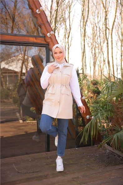 Belden Lastikli Çıtçıtlı Dört Cepli Kapitone Yelek - 71256.026 - Bej - 3