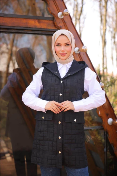 Kolsuz Cepli Çıtçıtlı Kapitone Yelek - (38-46) - 71252 - Siyah - 5