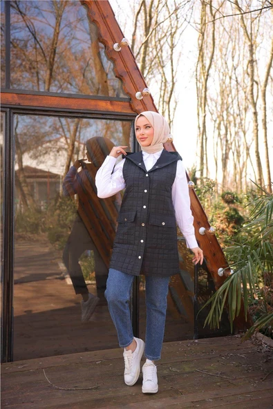 Kolsuz Cepli Çıtçıtlı Kapitone Yelek - (38-46) - 71252 - Siyah - 3