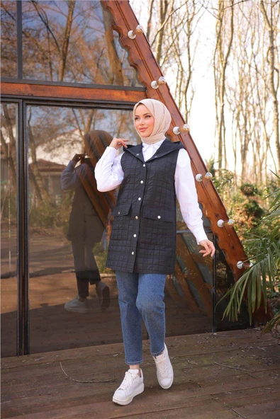 Kolsuz Cepli Çıtçıtlı Kapitone Yelek - (38-46) - 71252 - Siyah - 4