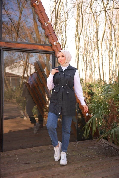 Belden Lastikli Çıtçıtlı Dört Cepli Kapitone Yelek - (38-46) - 71256 - Siyah - 4