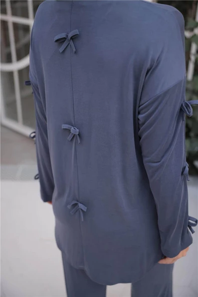O Yaka Kolları Kurdela Detaylı İkili Tesettür Eşofman Takımı - 71251.006 - İndigo - Resim 8