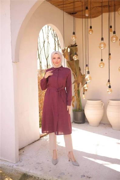 Belden Bağcıklı Düpmeli Uzun Tunik Gömlek - 71255.009 - Bordo