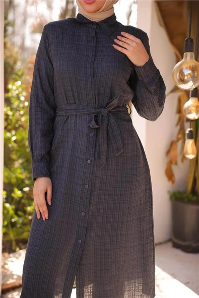 Belden Bağcıklı Düpmeli Uzun Tunik Gömlek - 71255.017 - Antrasit - 6