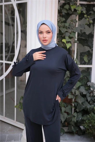 O Yaka Kolları Kurdela Detaylı İkili Tesettür Eşofman Takımı - 71251.015 - Lacivert - 3