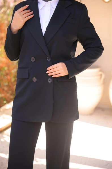 Kruvaze Dört Düğmeli Ceket Takımı - (38-46) - 71250 - Siyah - 3