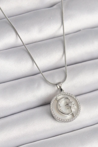 316L Çelik Gümüş Renk Zincir Zirkon Taş Detaylı Beyaz Sedefli Ay Yıldız İşleme Kadın Kolye - TJ-BKO9639 ürün görseli 1