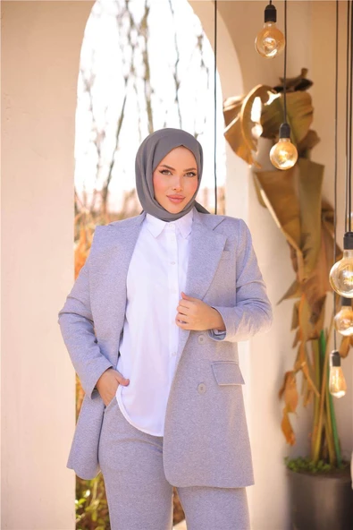 Kruvaze Dört Düğmeli Ceket Takımı - 71250.008 - Gri - Resim 4