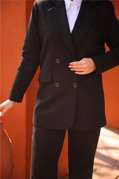 Kruvaze Dört Düğmeli Ceket Takımı - (38-46) - 71250 - Siyah - 2