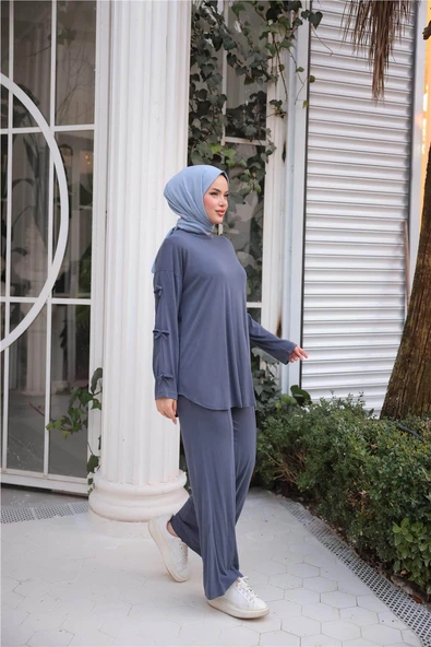 O Yaka Kolları Kurdela Detaylı İkili Tesettür Eşofman Takımı - 71251.006 - İndigo - Resim 4