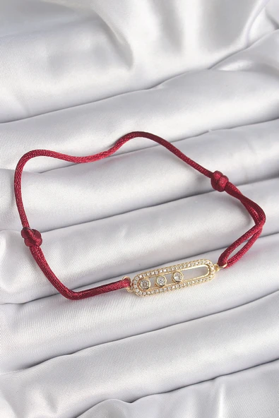 Kırmızı İpli Asansörlü Zirkon Taşlı Gold Messika Model Kadın Bileklik - TJ-BB6581 ürün görseli 1