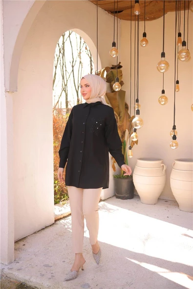 Çiçek Taş Detaylı Uzun Kollu Gömlek - (38-46) - 71254 - Siyah - 4