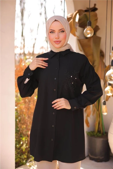 Çiçek Taş Detaylı Uzun Kollu Gömlek - (38-46) - 71254 - Siyah - 5