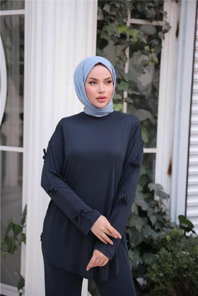 O Yaka Kolları Kurdela Detaylı İkili Tesettür Eşofman Takımı - 71251.015 - Lacivert - 2