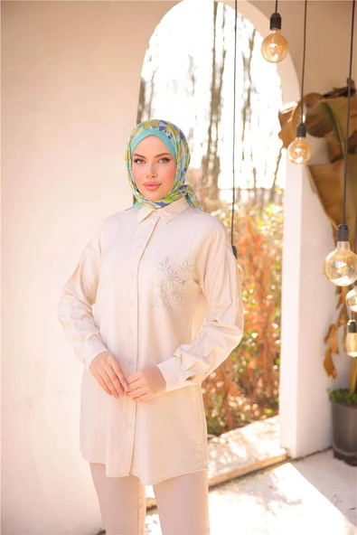 Çiçek Taş Detaylı Uzun Kollu Gömlek - 71254.026 - Bej