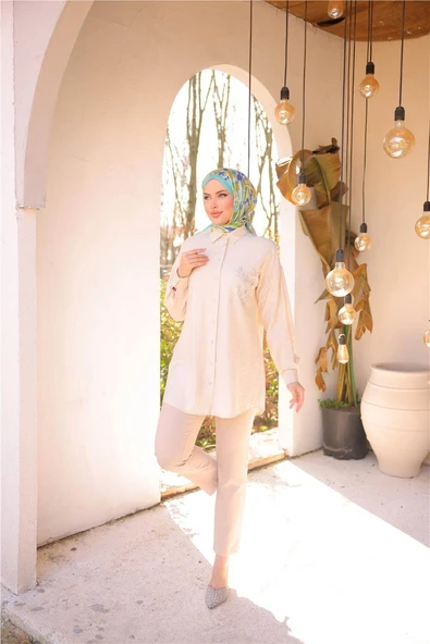 Çiçek Taş Detaylı Uzun Kollu Gömlek - 71254.026 - Bej - 4