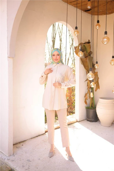 Çiçek Taş Detaylı Uzun Kollu Gömlek - 71254.026 - Bej - 5