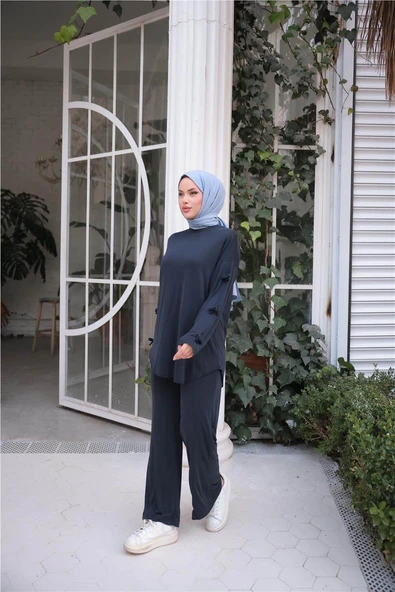 O Yaka Kolları Kurdela Detaylı İkili Tesettür Eşofman Takımı - 71251.015 - Lacivert - 4