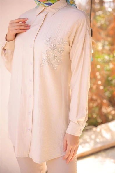 Çiçek Taş Detaylı Uzun Kollu Gömlek - 71254.026 - Bej - 6