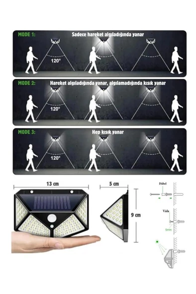 100 Ledli Solar Lamba Beyaz Led Işık Güneş Enerjili Yazlık Bahçe Duvar Kapı Aydınlatma Aplik Lambası - 4
