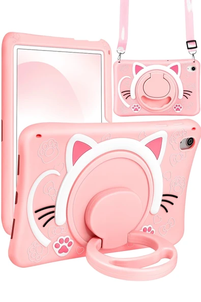 Honor Pad X8A 11 inç Uyumlu Pembe Kedi Çocuk Kılıfı Askılı 360 Dönebilen Standlı Eğlenceli Koruyucu  PEMBE
