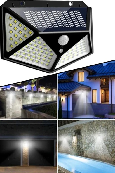 100 Ledli Solar Lamba Beyaz Led Işık Güneş Enerjili Yazlık Bahçe Duvar Kapı Aydınlatma Aplik Lambası - 2