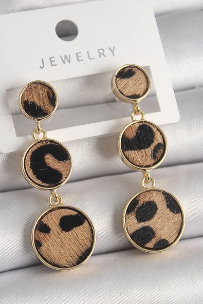 Pirinç Gold Renk 3'Lü Leopar Desenli Sallantı Daire Plaka Model Kadın Küpe - TJ-BKP9891