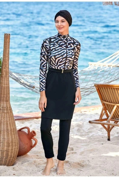 Adasea 4524 Siyah Garnili Tasarım Tam Kapalı Tesettür Mayo - Resim 4