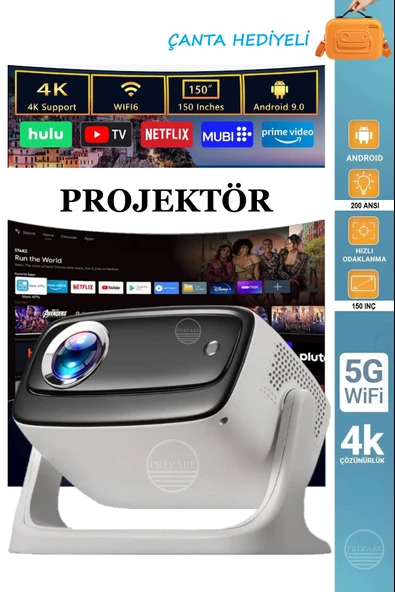 Projeksiyon 4K Ultra HD Ev Ofis Fuar Toplantı Sunumları Sinema Oyun Android WiFi Bluetooth Projektör ürün görseli 1