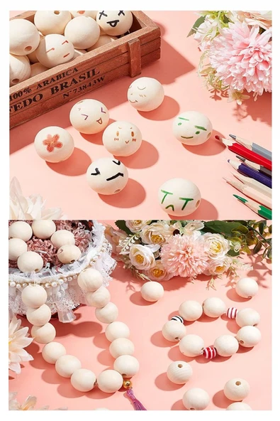 Naturel Ahşap Boncuk 16mm 100 lü 1 Paket Ham Boyanabilir Ahşap Yuvarlak Doğal Boncuklar Takı Tasarım Ektinlik Kreş Okul - 6