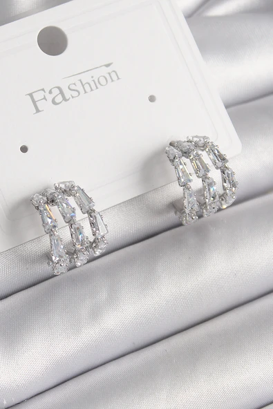 Pirinç Gümüş Renk Zirkon Taşlı Halka Model Kadın Küpe - TJ-BKP9956 ürün görseli 1