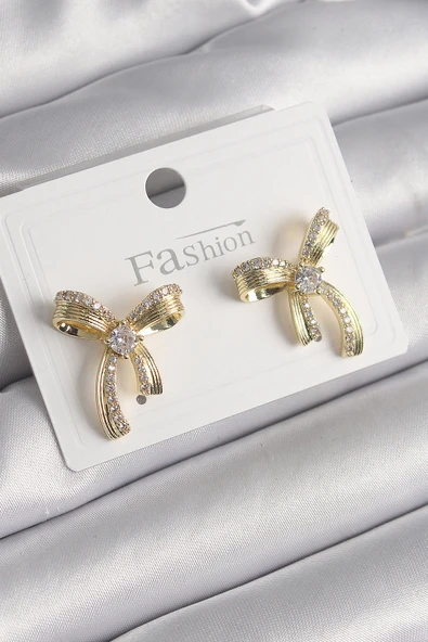 Pirinç Gold Renk Zirkon Taşlı Fiyonk Model Kadın Küpe - TJ-BKP9991 ürün görseli 1